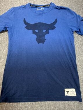 Under Armour Project Rock Blue Ombre Bull Logo T-Shirt - Mens Small Respect Tee
